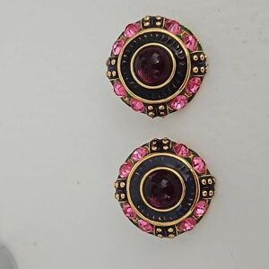 BLANCA Pink Rhinestones, Purple Cabachon, Enamel 80s Goldtone Clip-on Earrings
